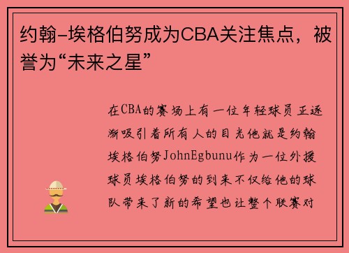 约翰-埃格伯努成为CBA关注焦点，被誉为“未来之星”
